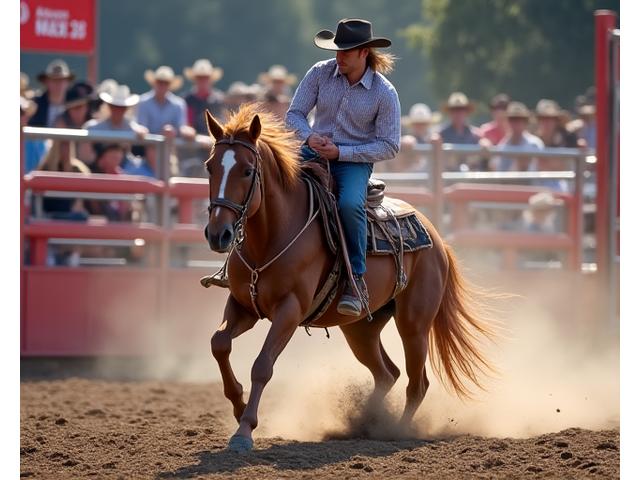 Action shot of a cowboy riding a bucking bronco at the Calgary Stampede