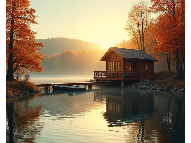 Idyllic cottage on a calm lake in Muskoka, Ontario, at sunrise