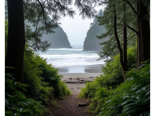 Lush rainforest trail leading to a wild Pacific beach