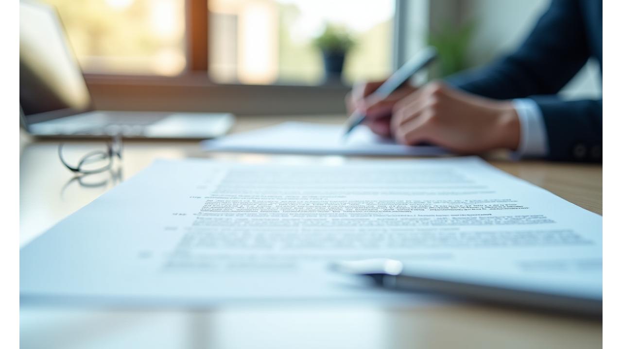 Legal document spread out on a desk with a focus on agreement text, symbolizing terms and conditions
